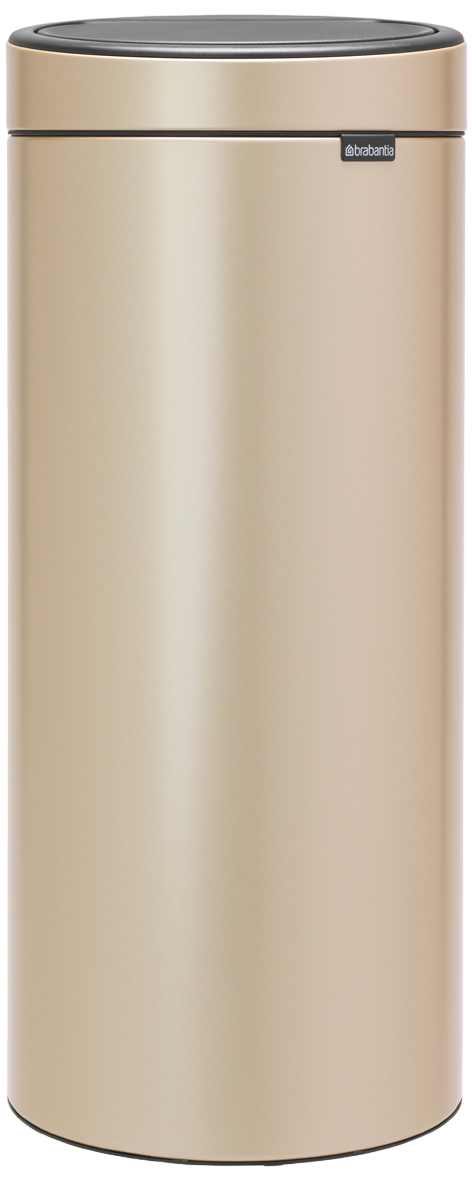 Goldfarbener Mülleimer mit schwarzem Deckel, und dem Wort Brabantia.
