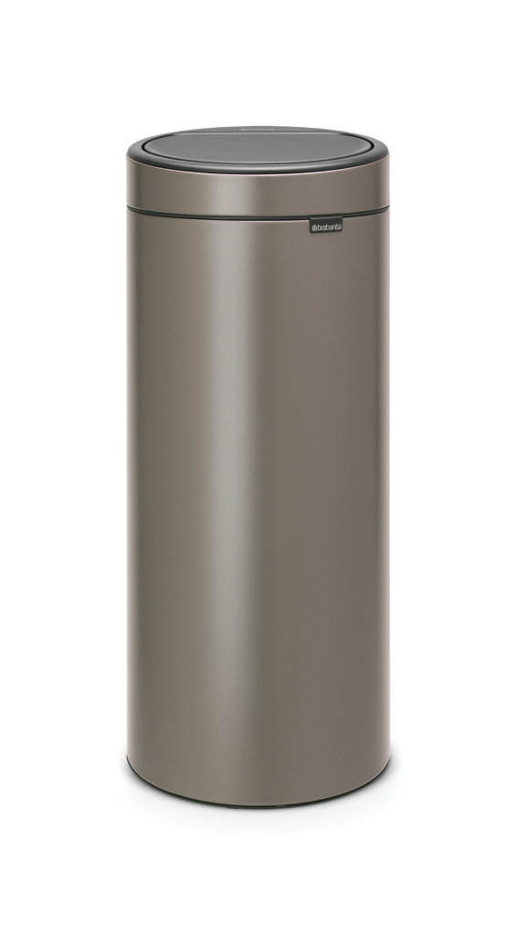Ein zylindrischer, dunkelgrauer Brabantia-Mülleimer mit schwarzem Deckel.
