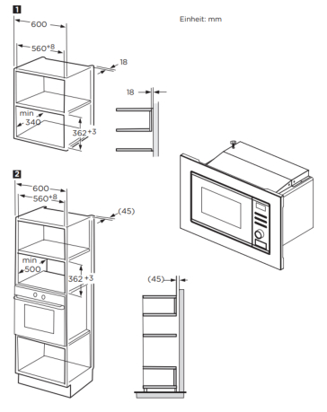 Diagramm von Einbauküchengeräten mit Abmessungen in mm. Weißer Hintergrund.