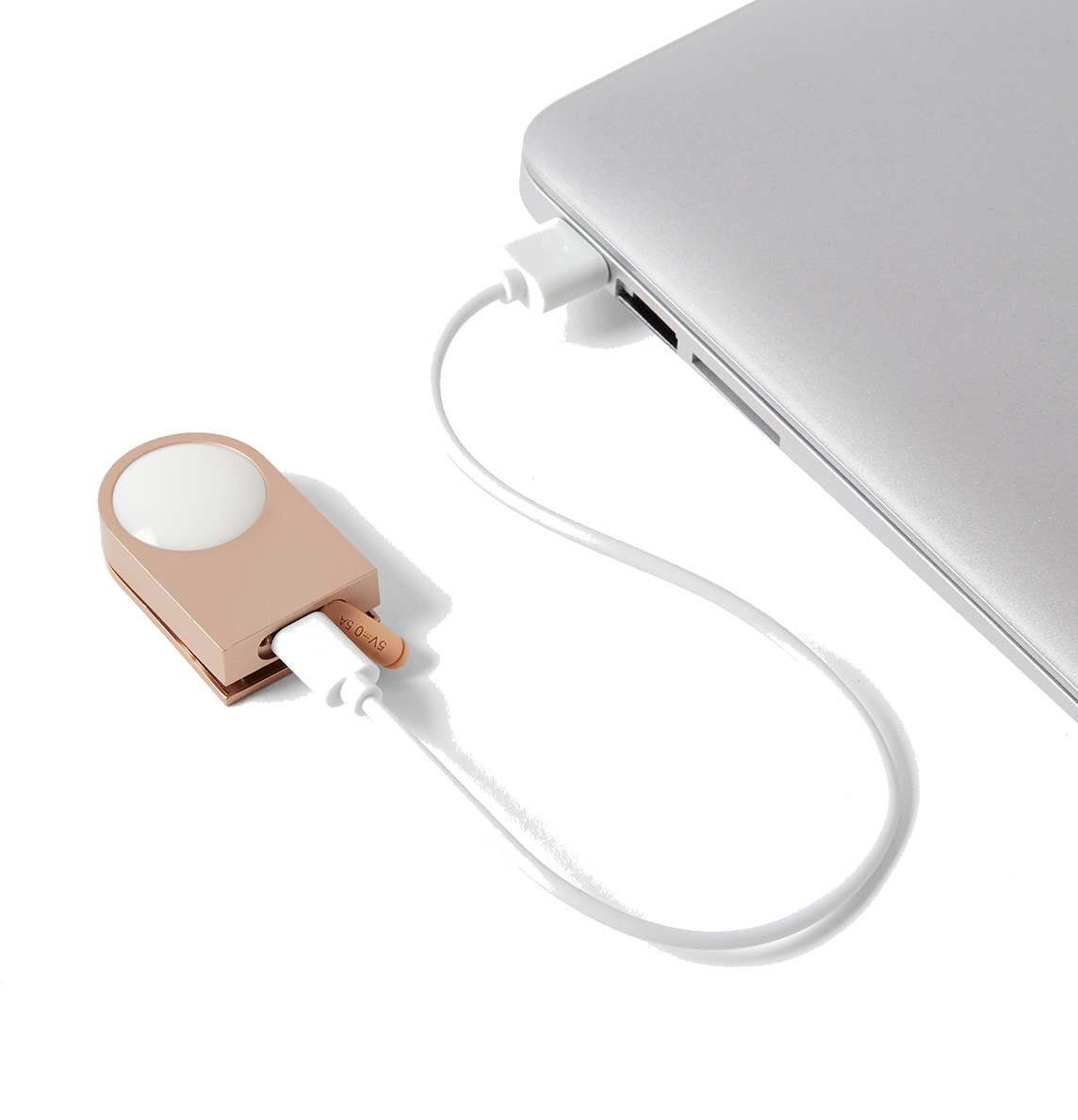 Małe, złote urządzenie z białym światłem jest połączone z laptopem za pomocą białego kabla. Laptop jest srebrny.