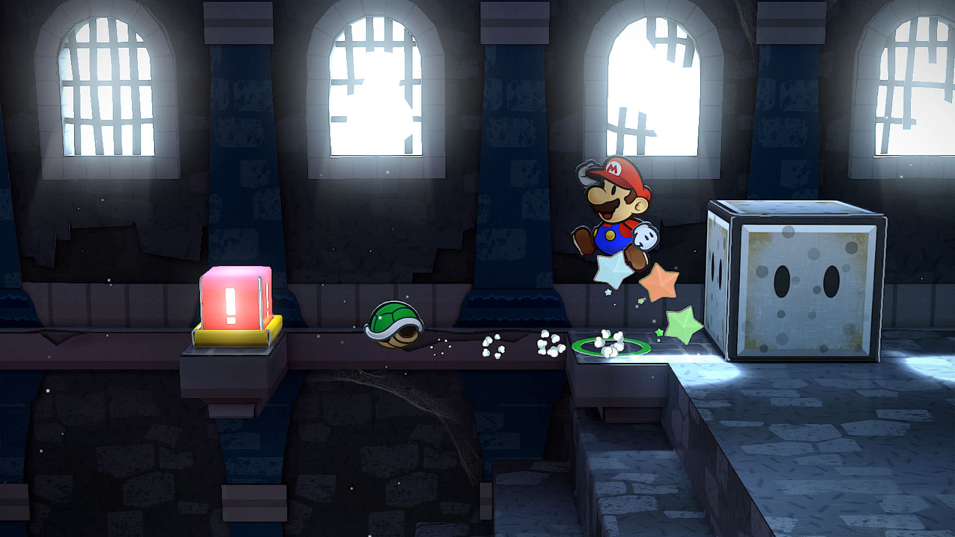 Ein Cartoon-Mario springt in einem Dungeon, mit Blöcken und einer Schildkröte.
