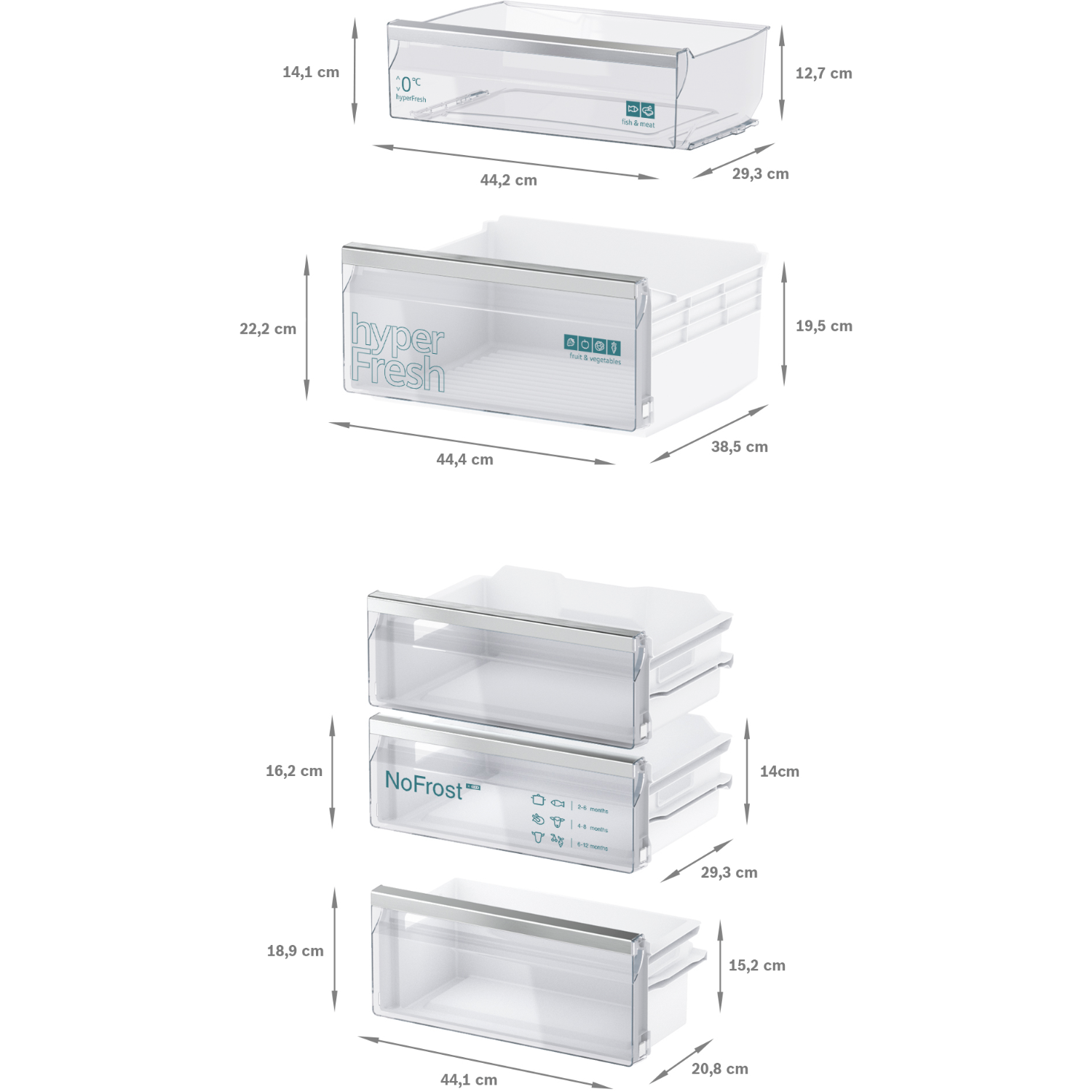 White refrigerator drawers with dimensions shown in centimeters.