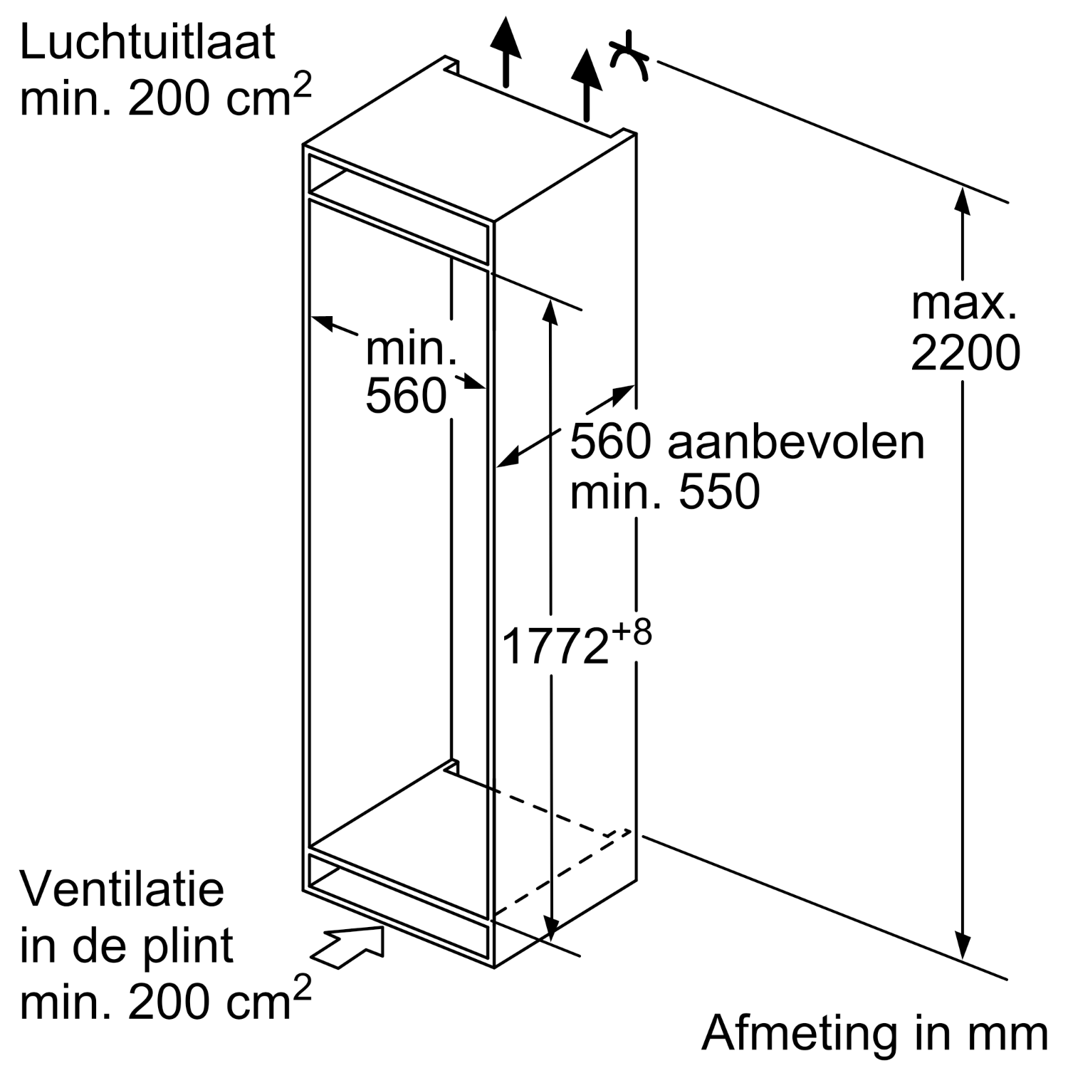 Diagram of a built-in refrigerator, showing dimensions in mm and ventilation requirements.