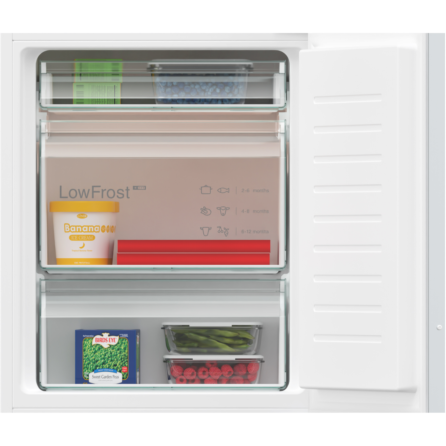 A refrigerator with open door. Inside, there are shelves with food boxes, and a frozen food container.