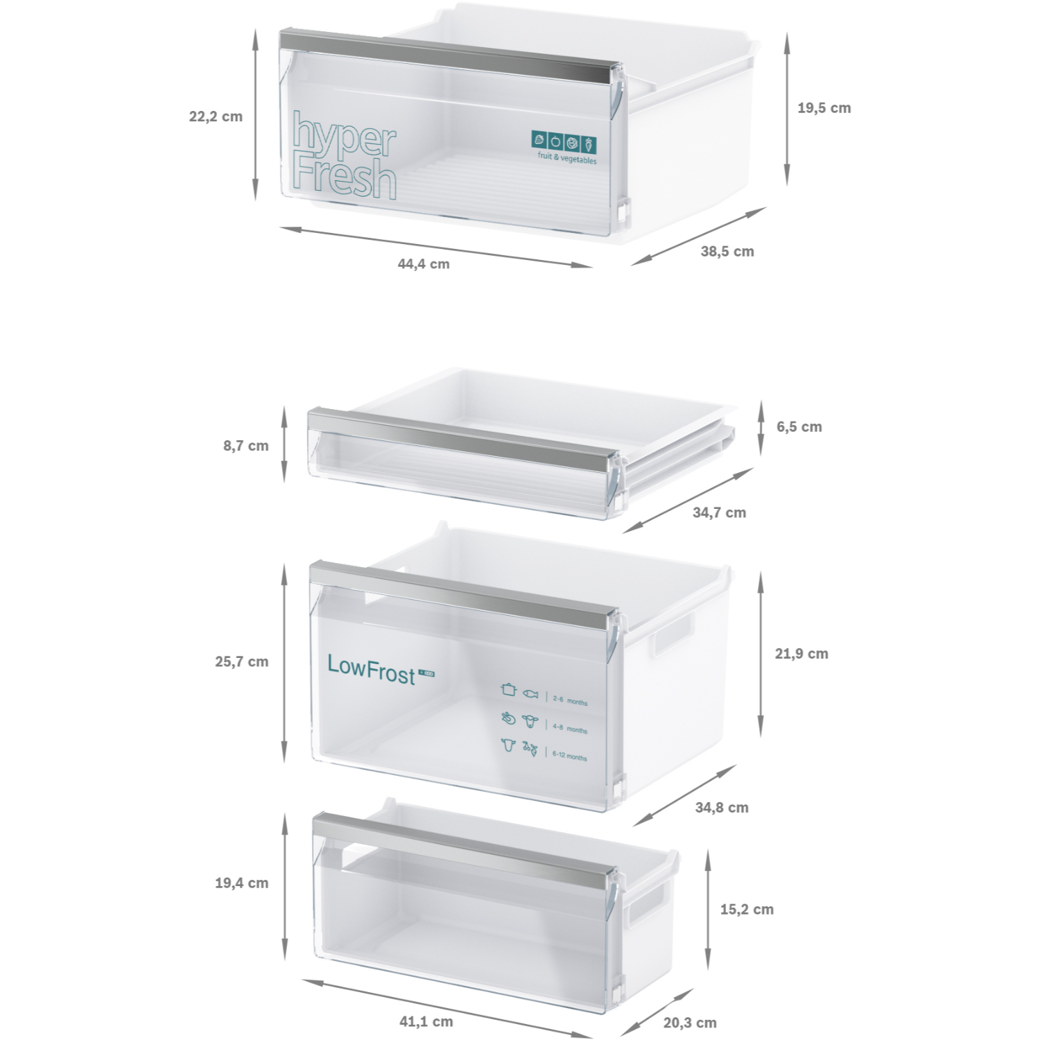 Four white refrigerator drawers with dimensions are displayed against a white background.