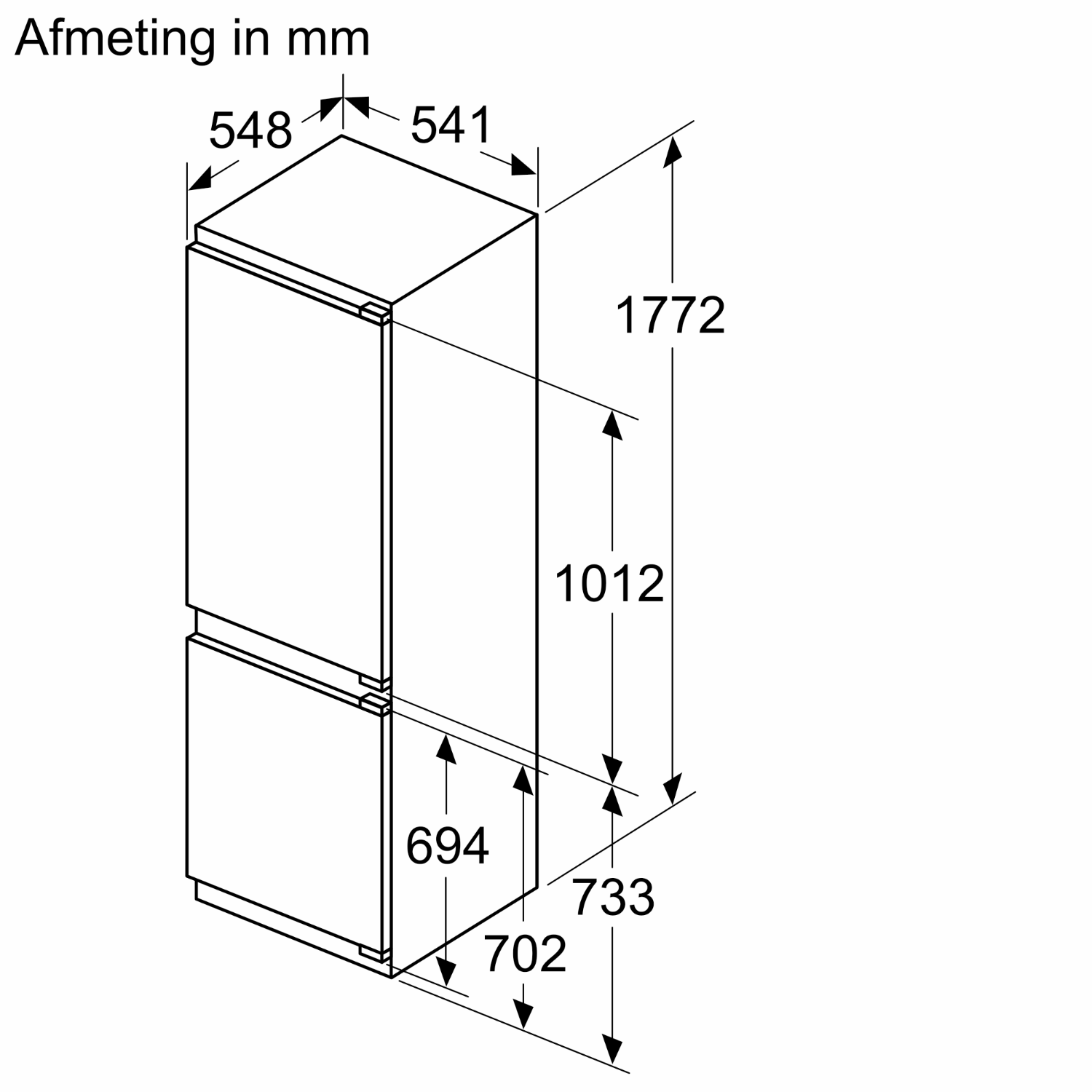 A diagram showing dimensions for a built-in refrigerator.
