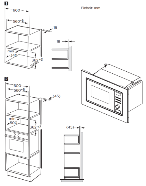 Diagramm eines Einbau-Mikrowellenofens und der umgebenden Schränke, mit Maßen in mm.