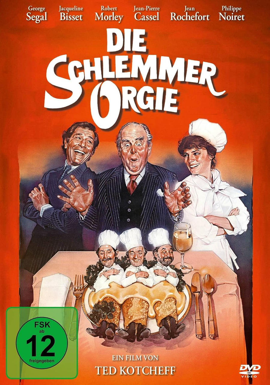 Filmplakat mit drei Männern und einer Frau, Cartoon-Köchen und Essen auf einem Tisch.