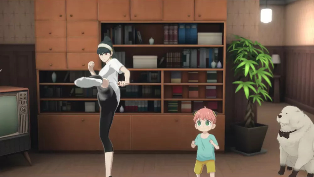 Anime scène: Vrouw trapt, kind en hond kijken in een woonkamer.