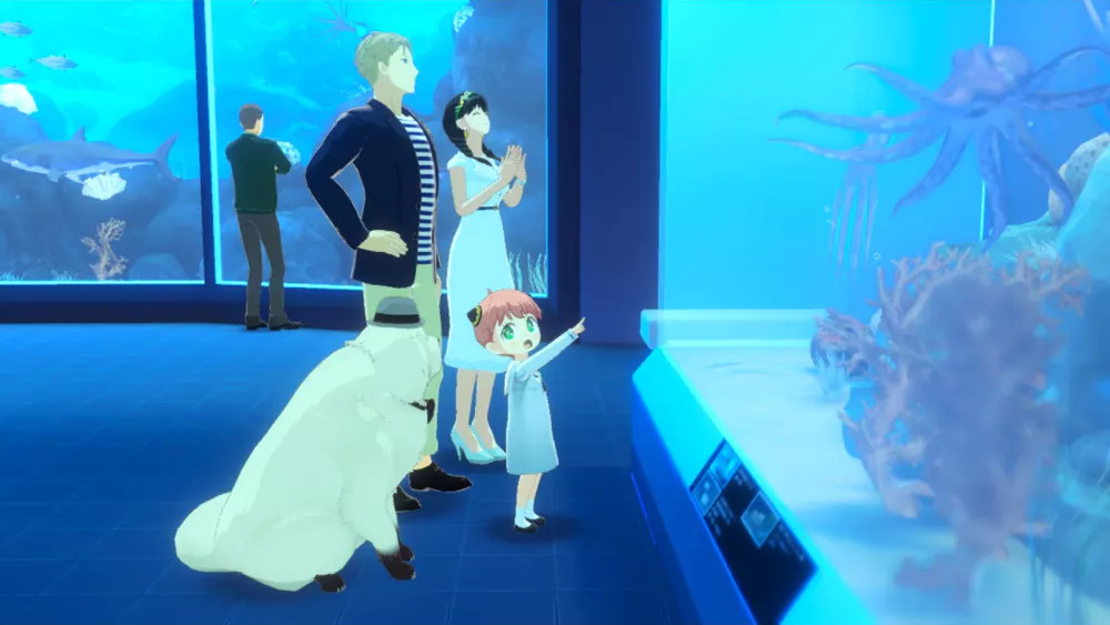 Anime-familie in aquarium. Een kind wijst naar een octopus in een blauwe watertank.