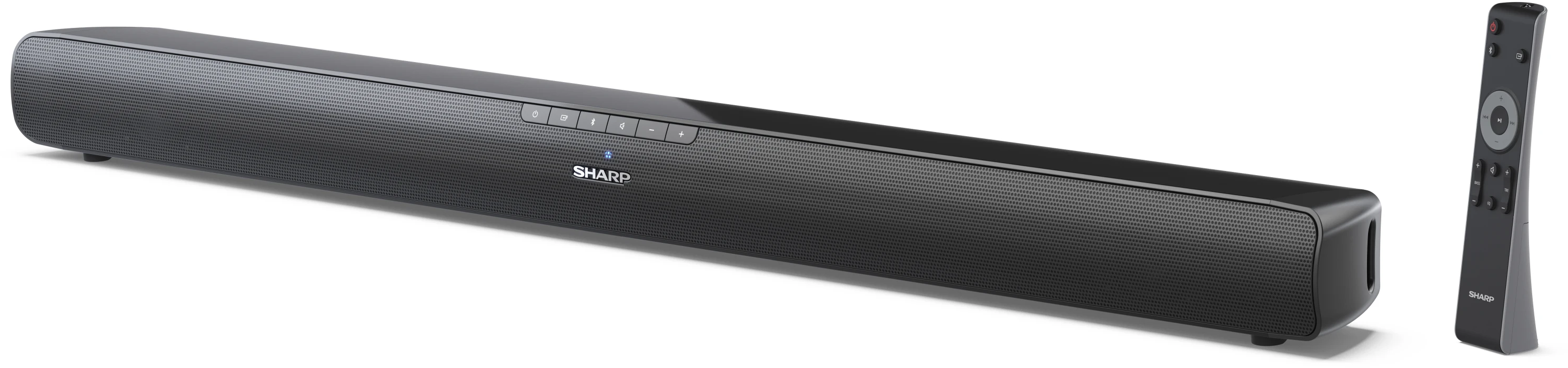 Egy fekete soundbar gombokkal és távirányítóval.