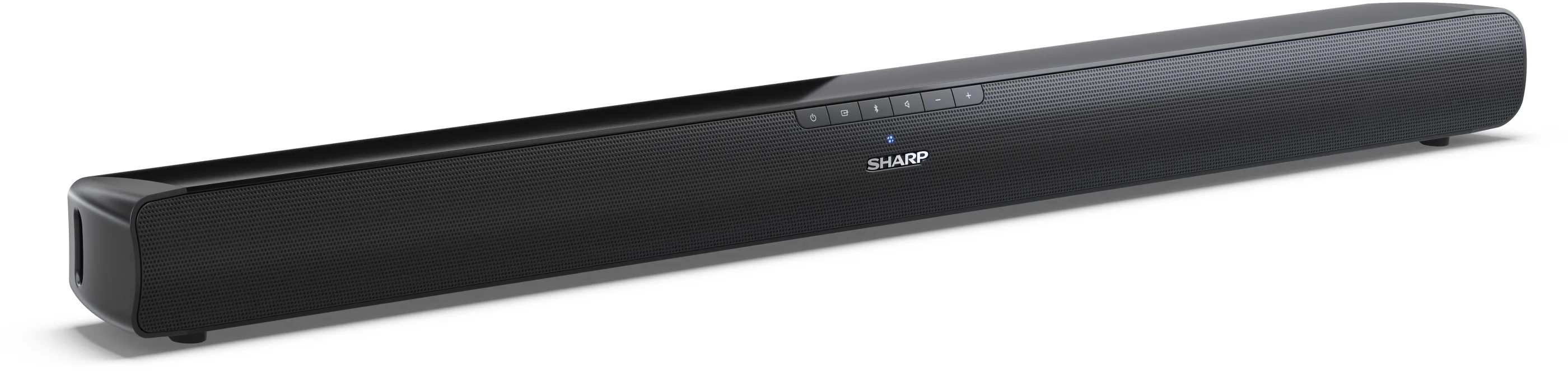 Egy fekete soundbar gombokkal és a Sharp logóval.