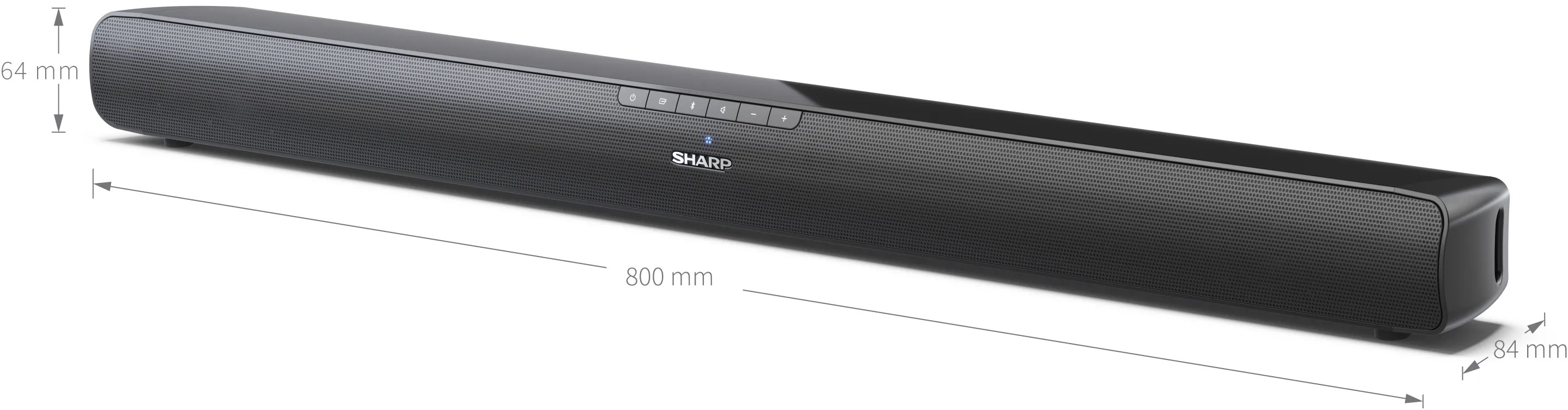 Fekete soundbar méretekkel, gombokkal és a Sharp logóval, fehér háttéren.
