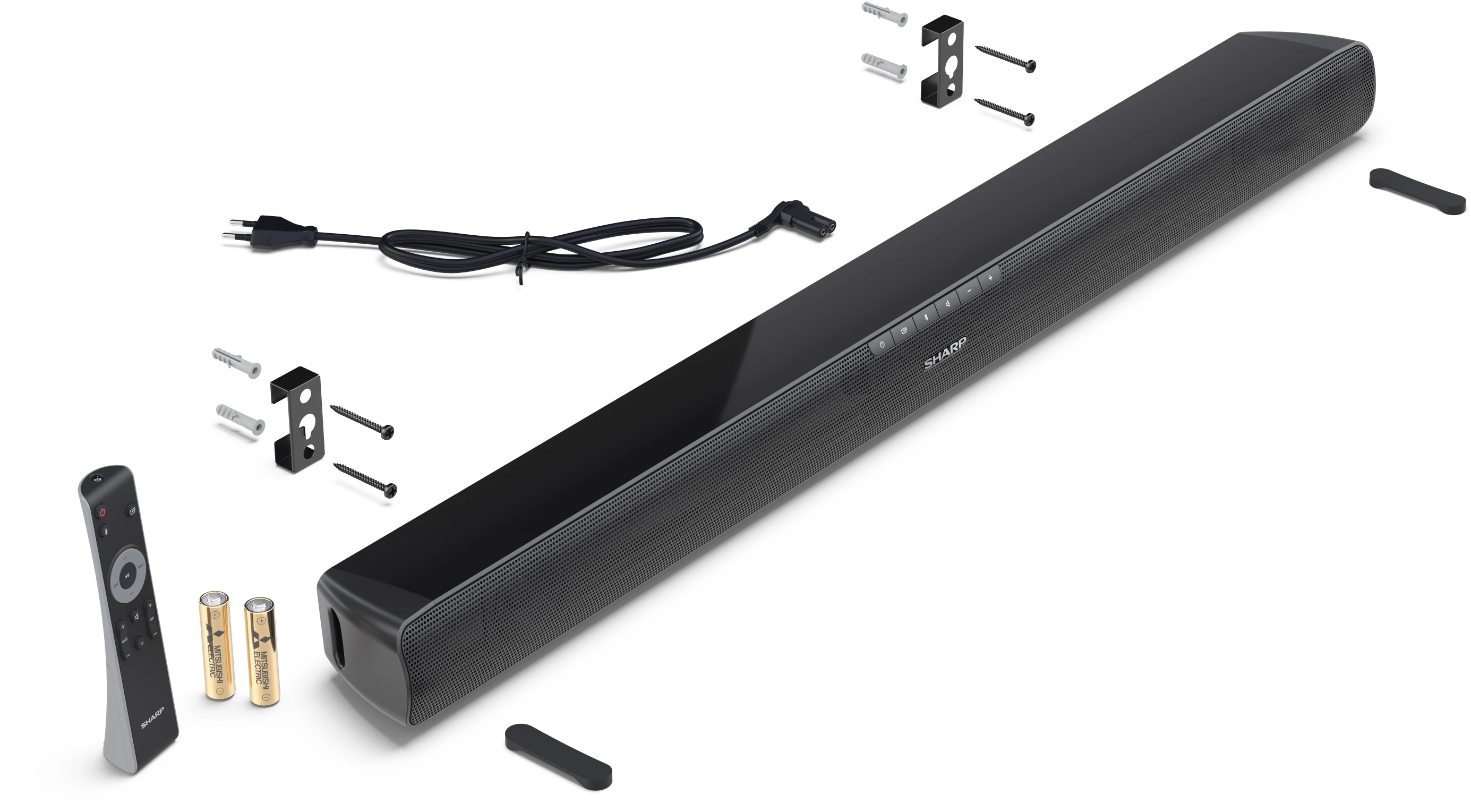 Fekete soundbar rögzítő tartozékokkal. Távirányító, elemek és tápkábel.