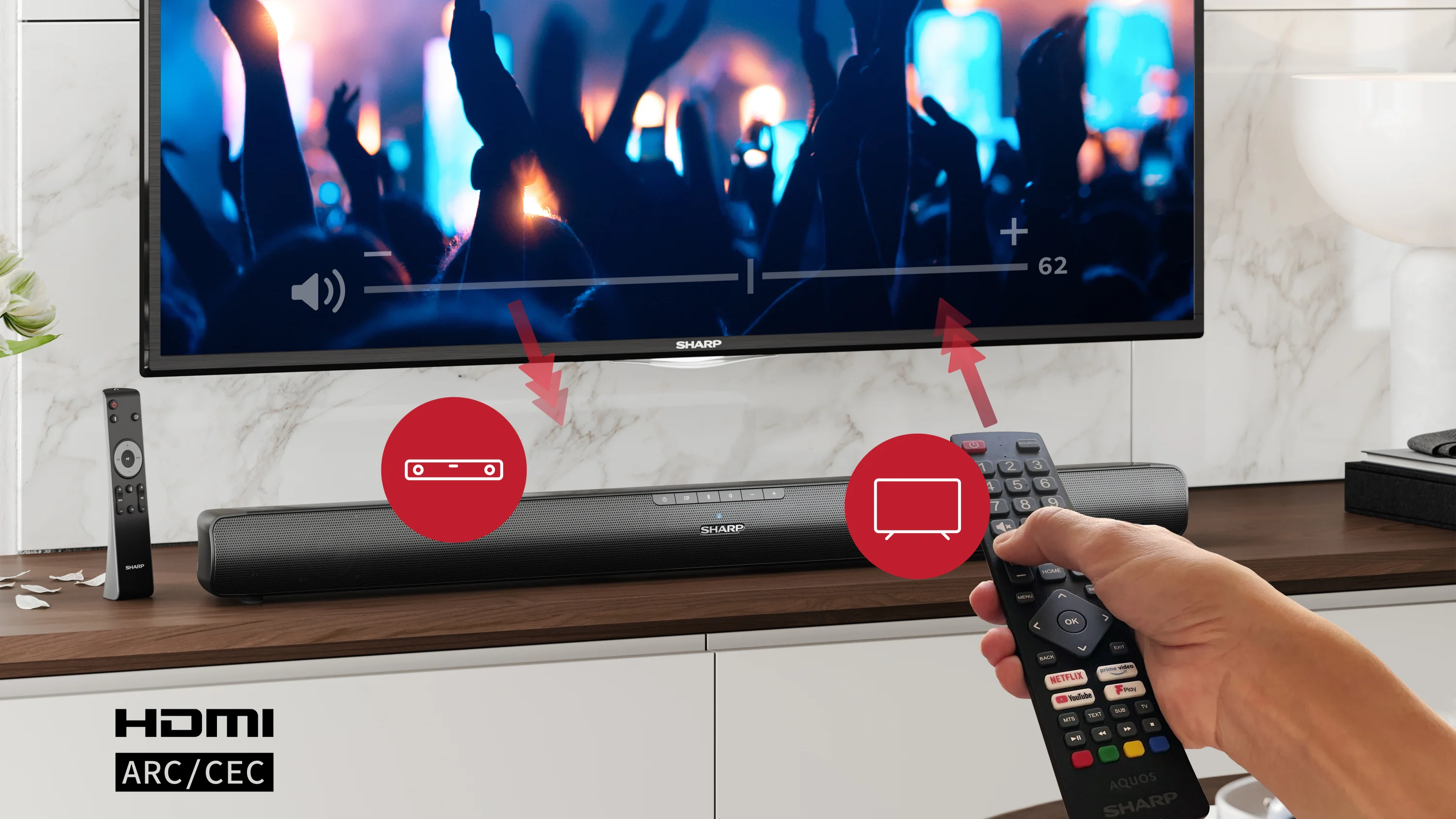 TV hangprojektorral alatta. Távirányító és nyíl a TV-hez és a sávhoz.