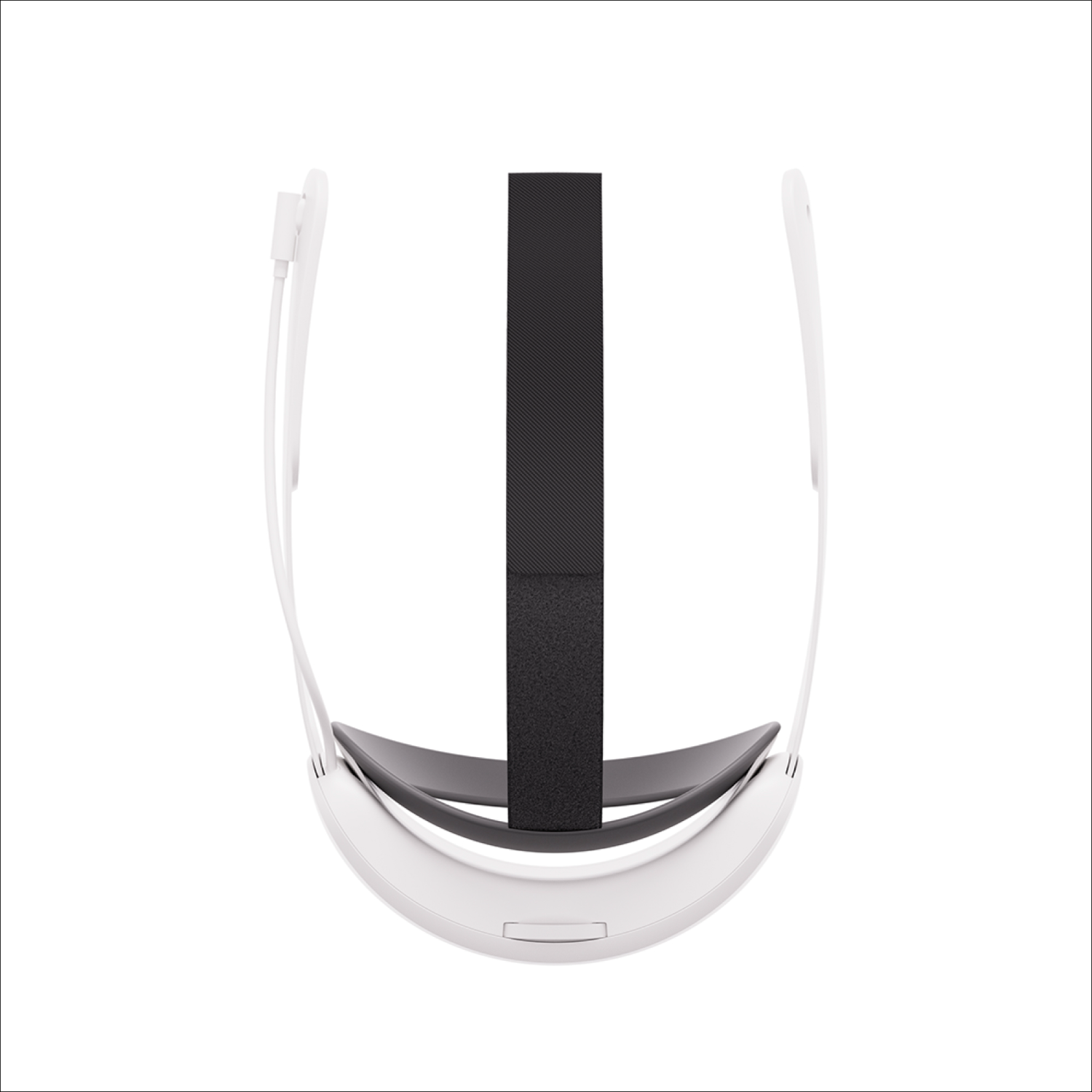 VR headset, white, black strap. Top view, white background.