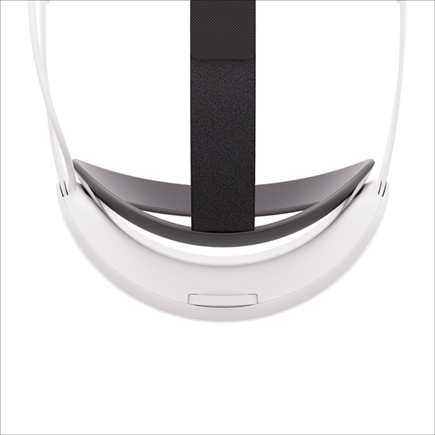 VR headset, the front is white, the strap is black. The top band curves over the head, white background.