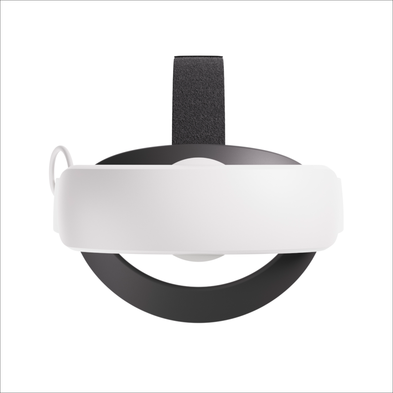 A VR headset, white front, black band and frame. White background.