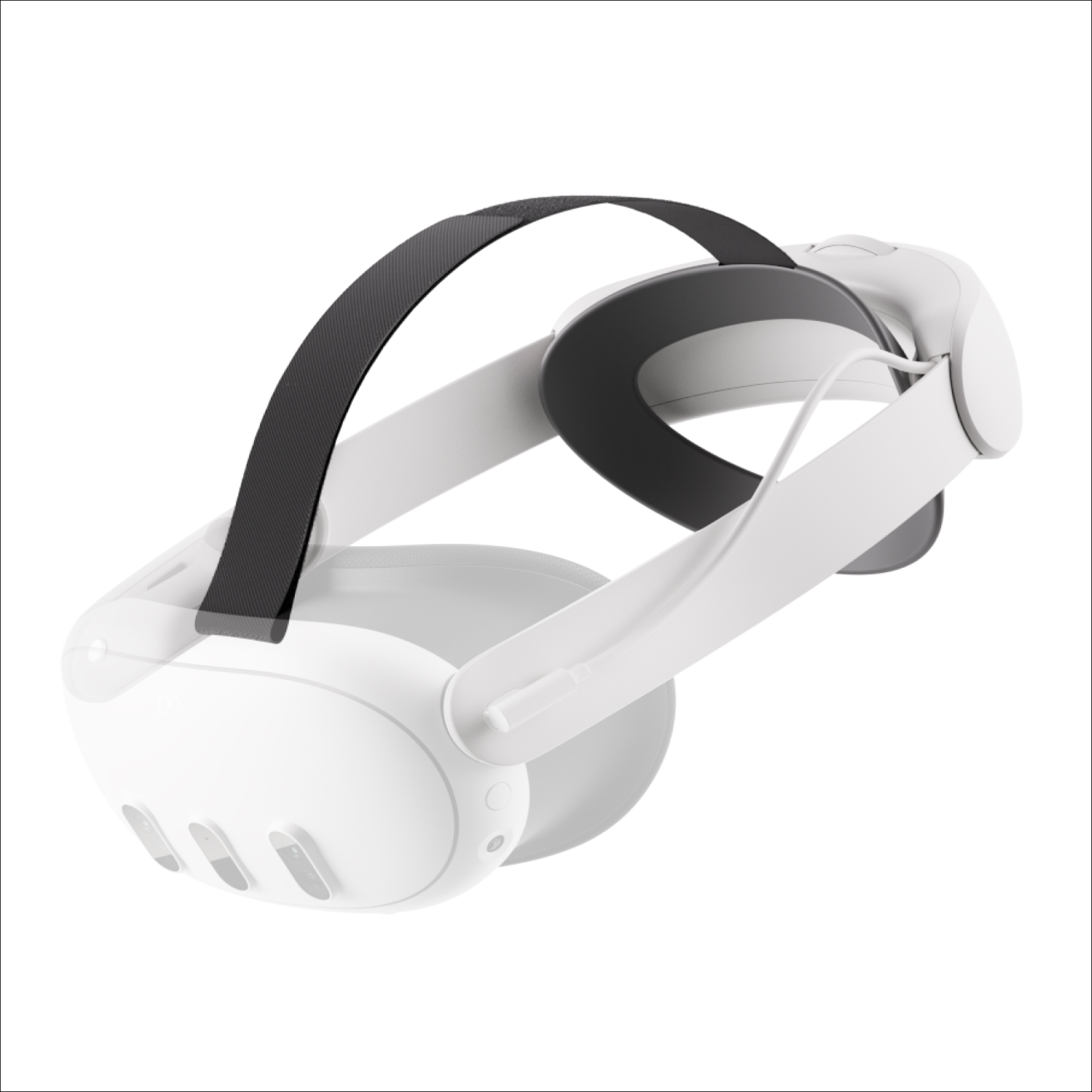 White VR headset, black strap, on a white background.