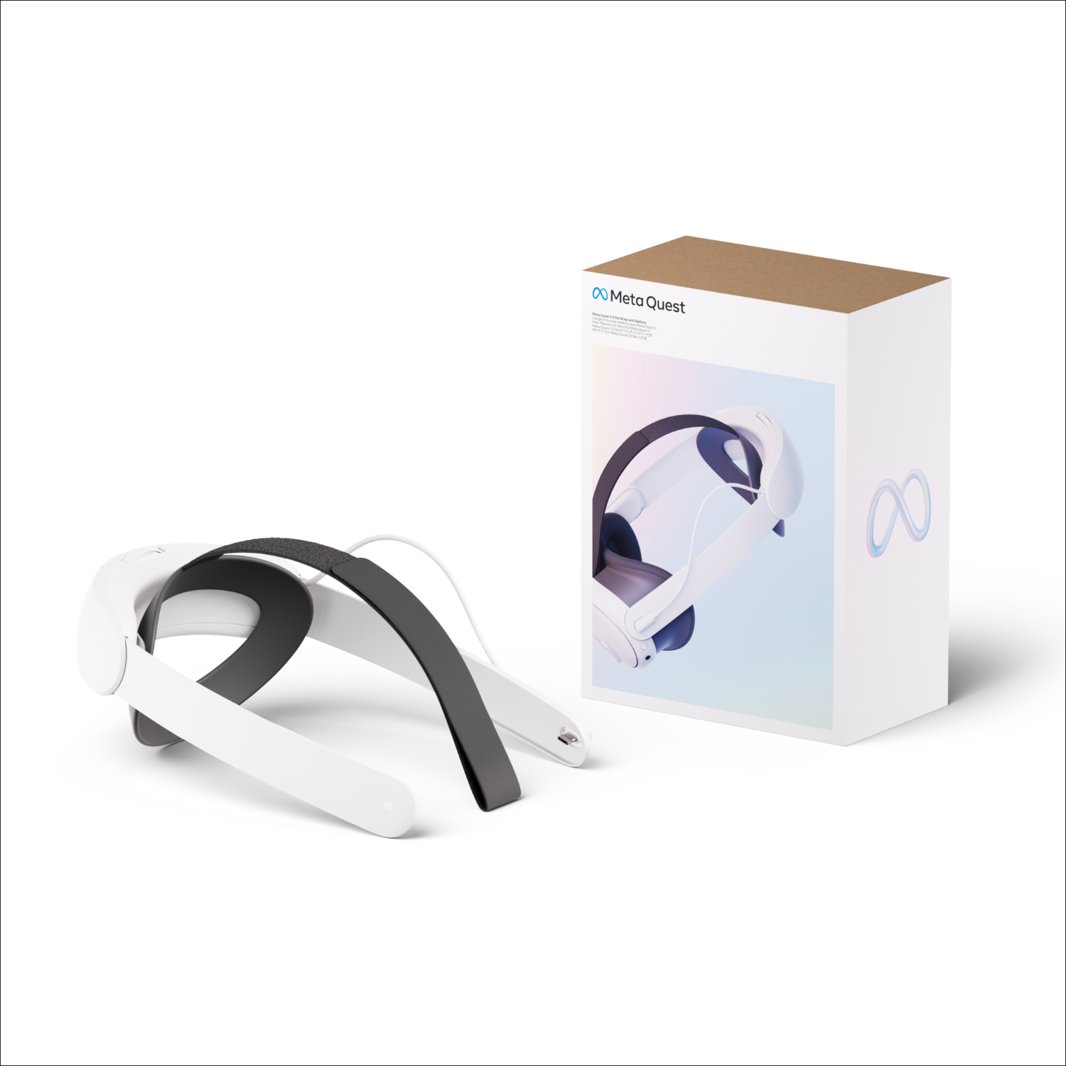 Meta Quest VR headset and box, white headset, black straps, and a box.