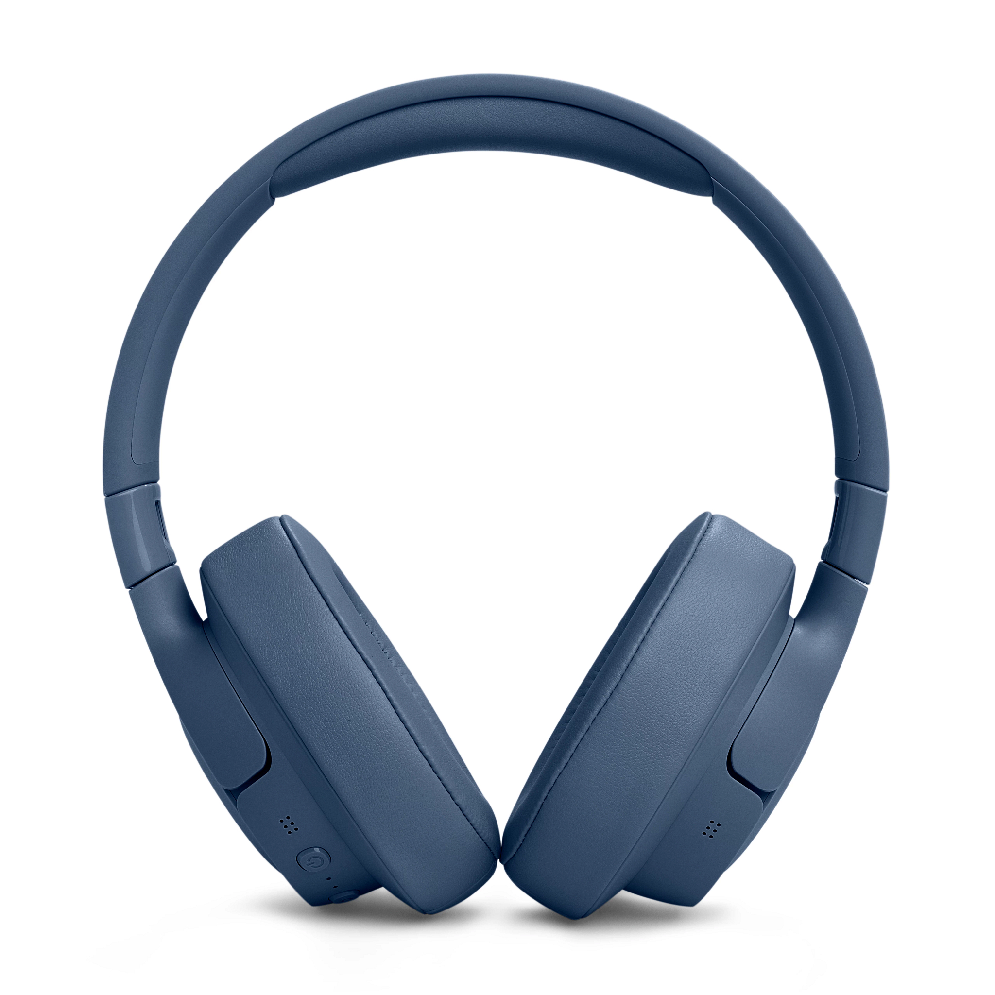 Blaue Over-Ear-Kopfhörer. Kopfbügel wölbt sich oben, Ohrmuscheln angewinkelt.