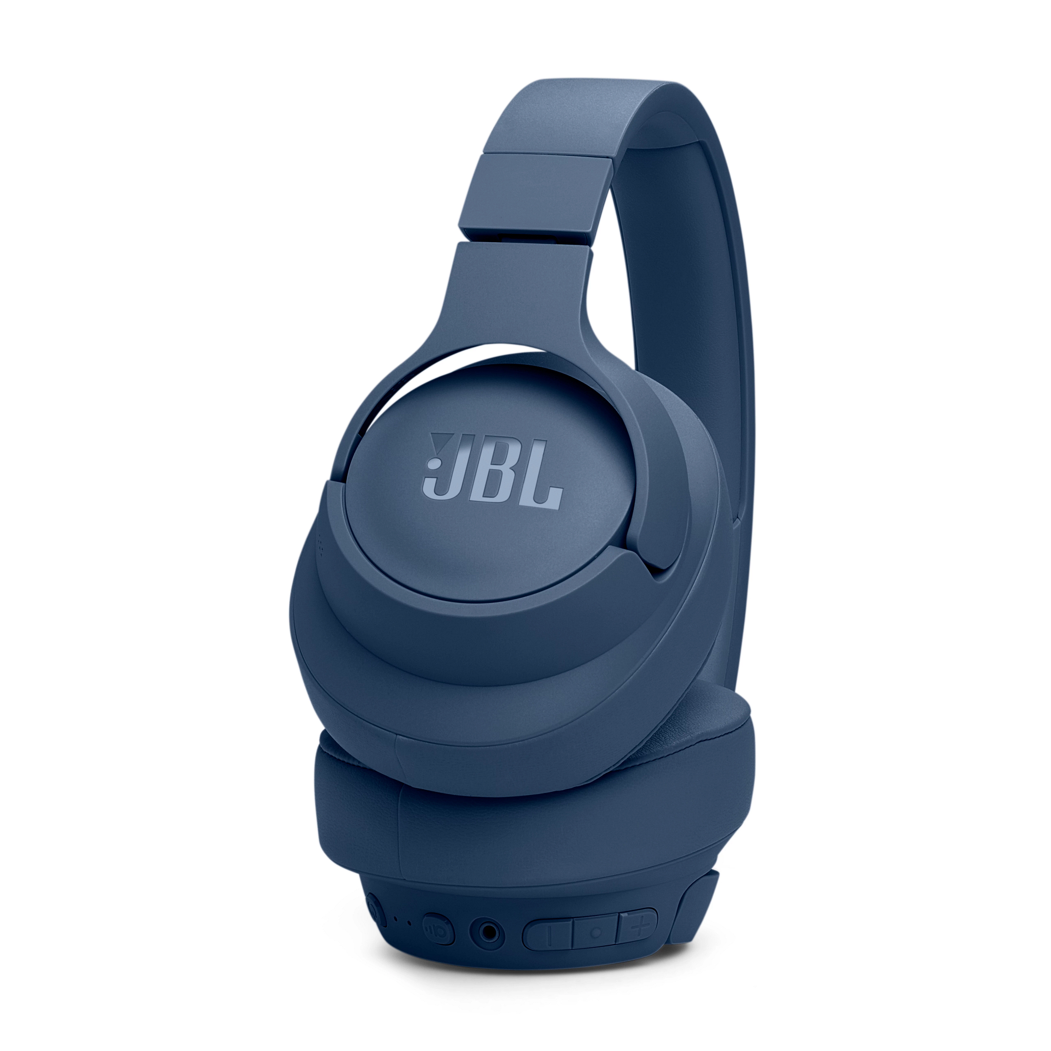 Blaue JBL-Kopfhörer isoliert auf weißem Hintergrund, Seitenansicht.