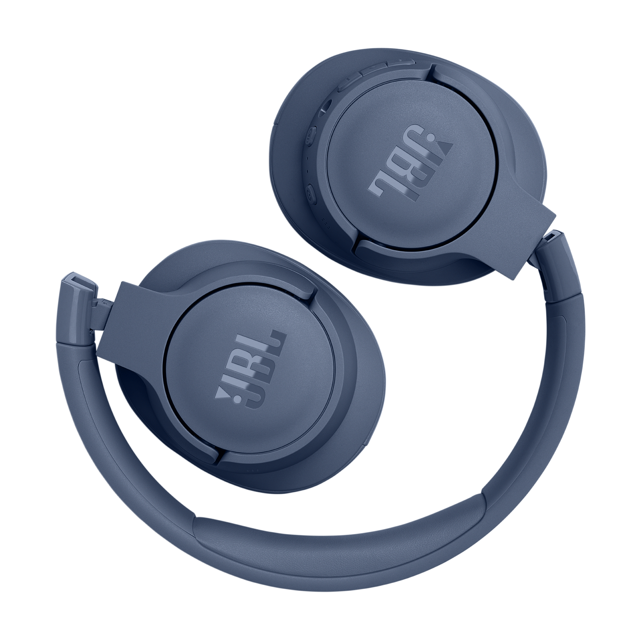 Blaue JBL-Kopfhörer, zusammengeklappt. Das JBL-Logo ist auf beiden Ohrmuscheln sichtbar.