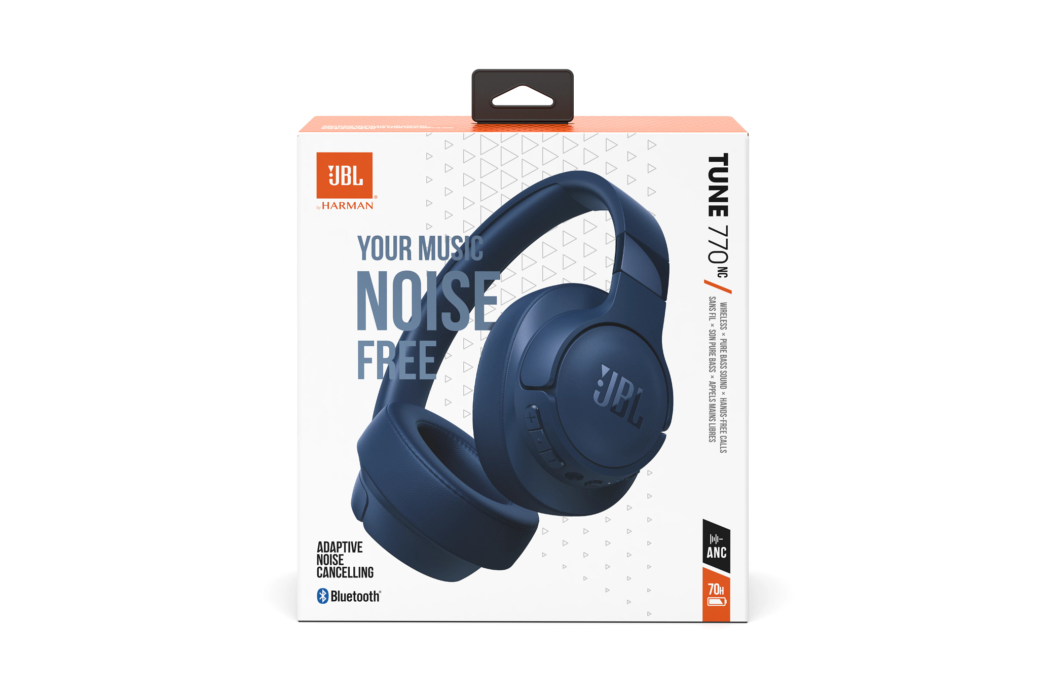 JBL Tune 770NC Kopfhörerbox. Kopfhörer in der Box, dunkelblaue Farbe.