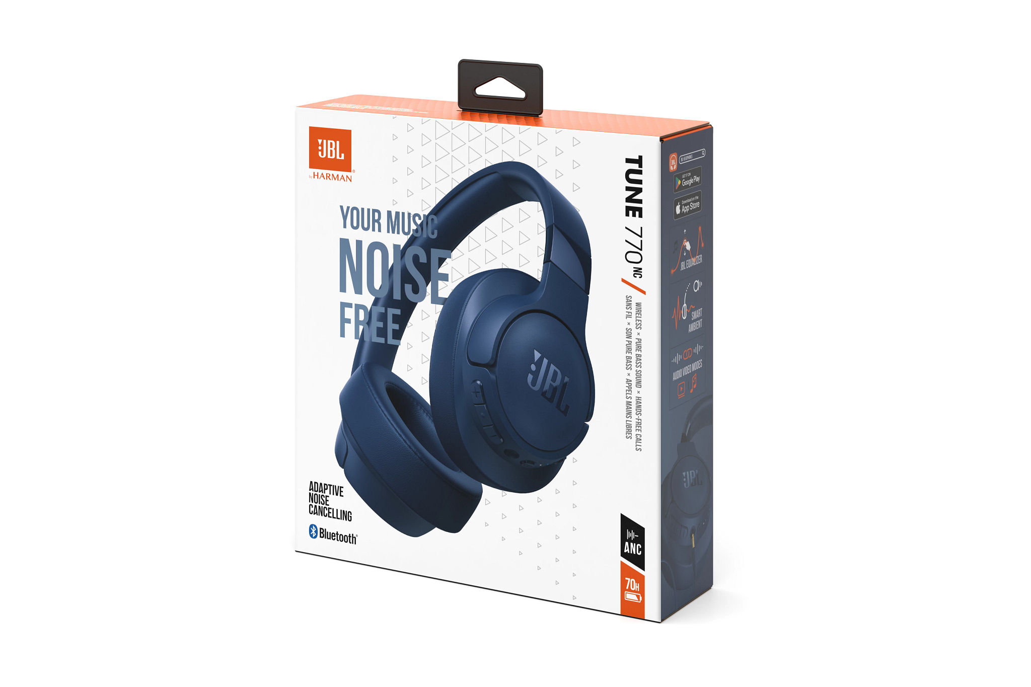 Verpackte blaue JBL-Kopfhörer. Der Text lautet 'Your Music Noise Free' und hat Bluetooth- und ANC-Symbole.