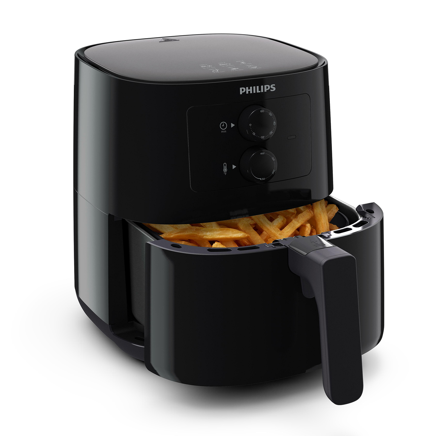Friggitrice ad aria nera con patatine fritte all'interno, manico visibile. Marchio Philips.