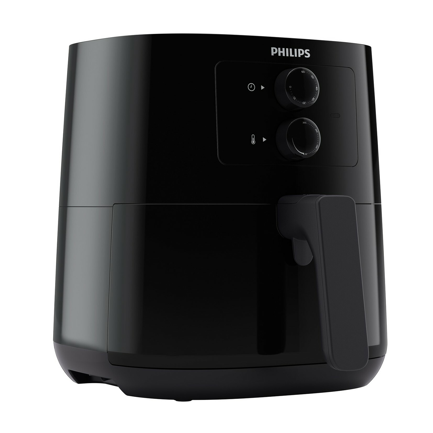 Friggitrice ad aria Philips nera con manopole e maniglia. Sfondo bianco.