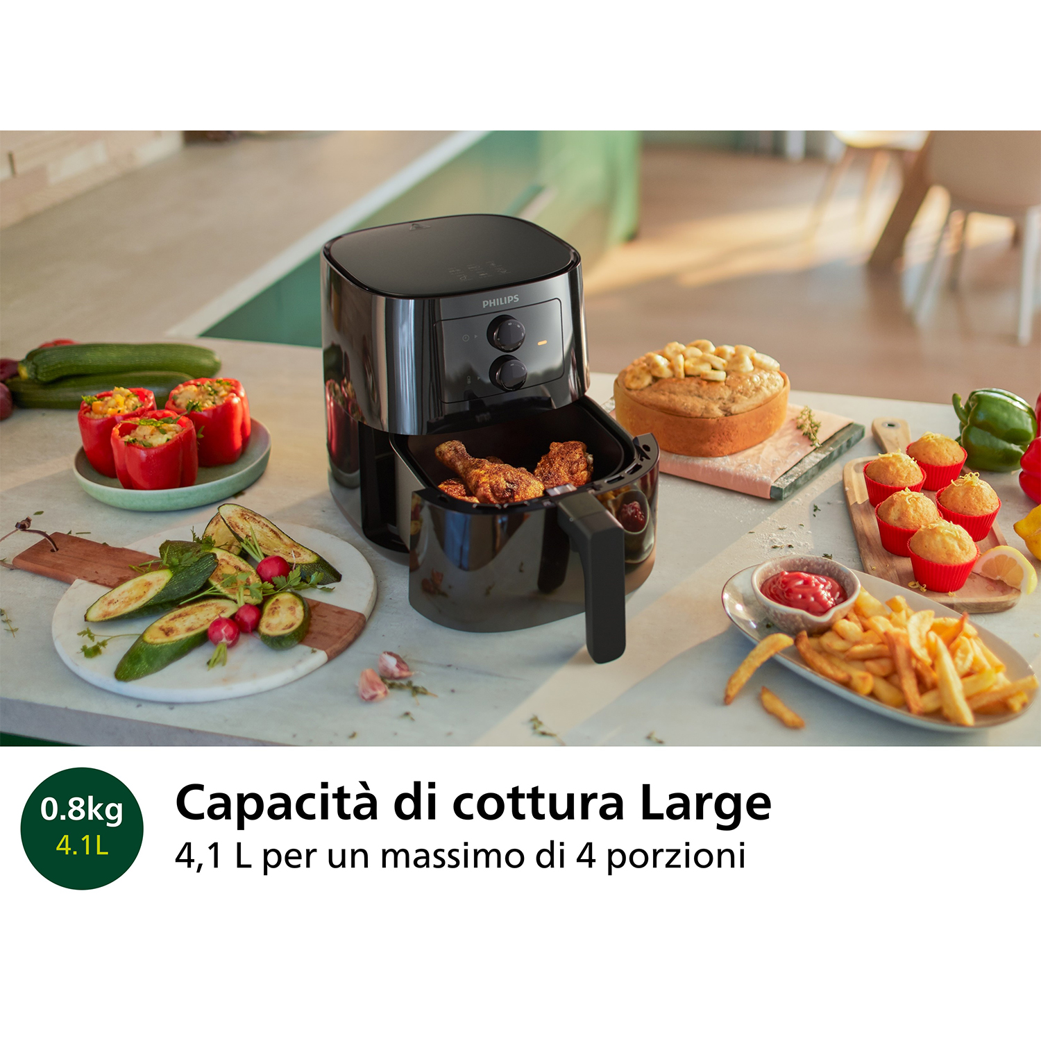 Friggitrice ad aria nera con cibo dentro e di lato. Include testo e ingredienti.