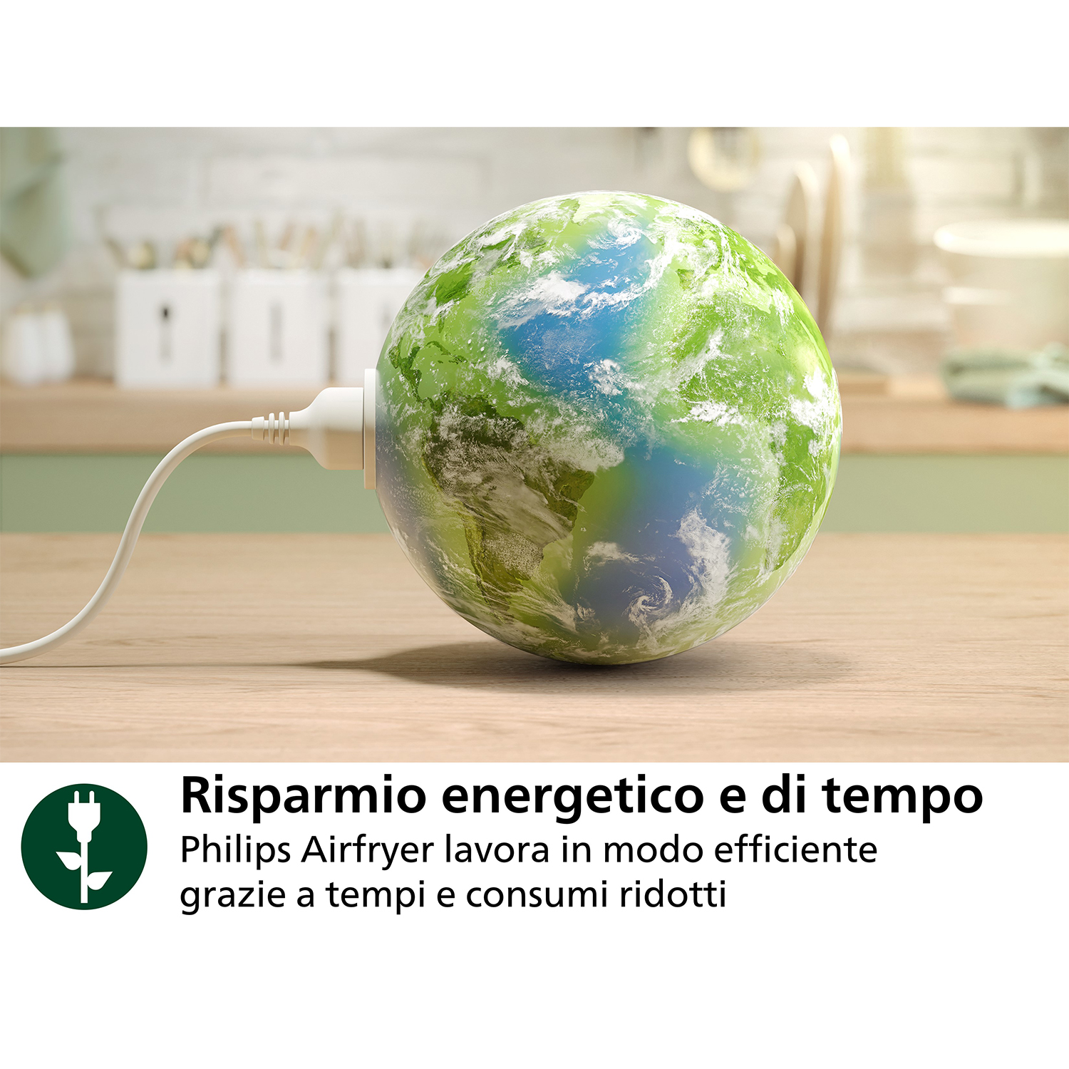 Globo terrestre collegato. Testo: risparmio energetico e di tempo. Efficienza Airfryer.
