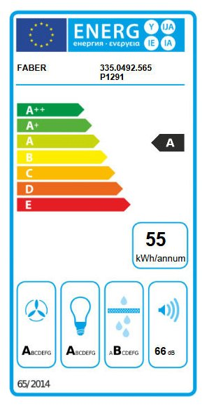 Etykieta energetyczna urządzenia Faber: Klasa A, 55 kWh/rok, wentylator, żarówka, krople wody, dźwięk.