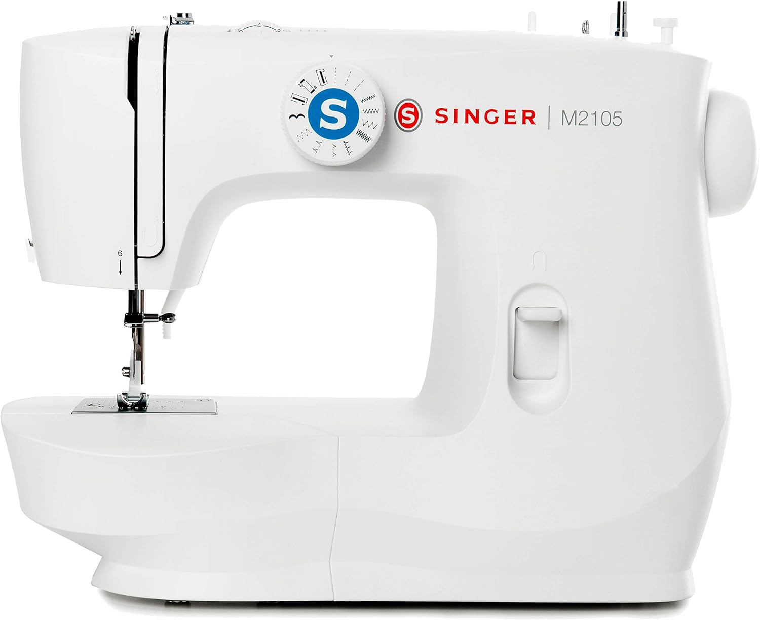 Máquina de coser Singer M2105 blanca con dial central y sección de aguja.
