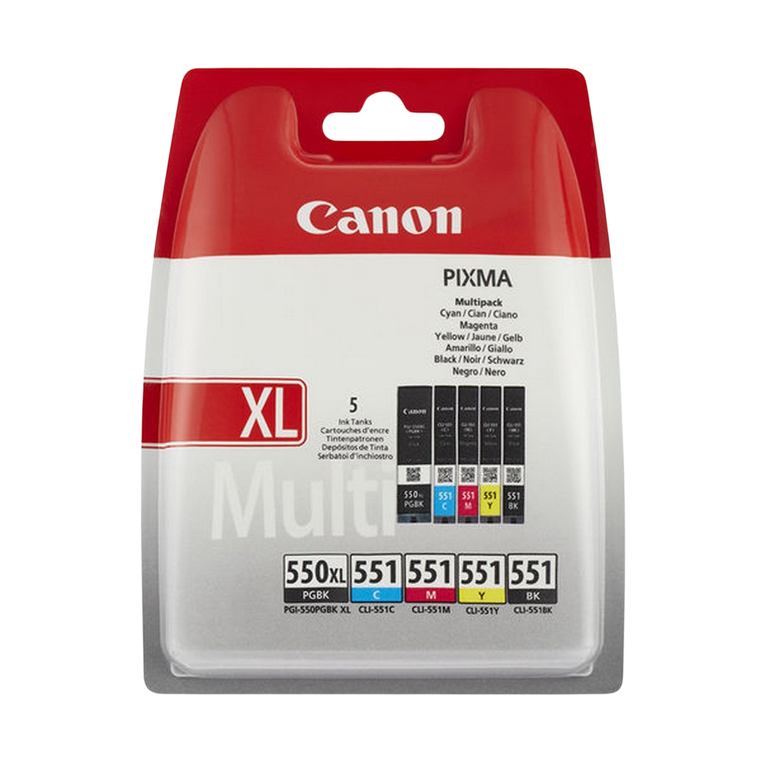 Pack of Canon ink cartridges in a clear plastic package with red accents.