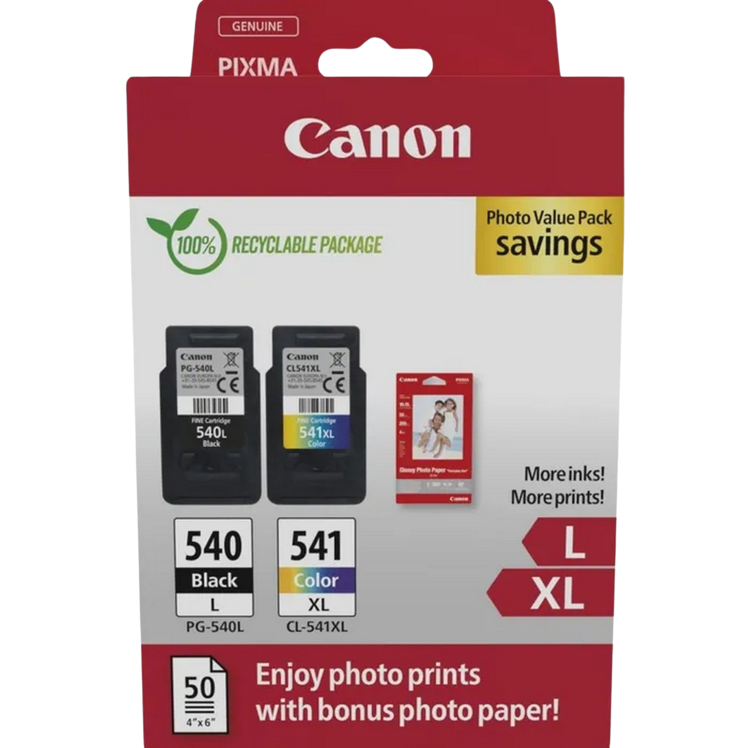 Pack de valeur photo Canon avec cartouches d'encre noire et couleur et papier photo.