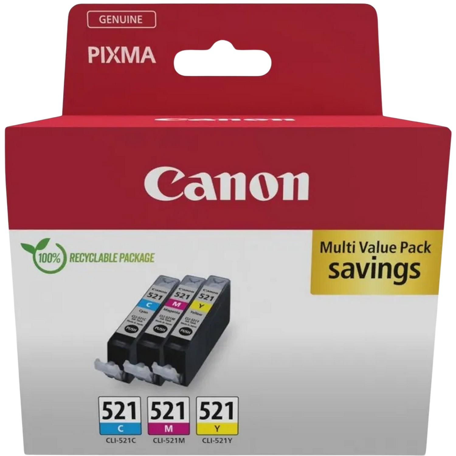 Rood Canon inktcartridgepakket met een doorzichtig venster dat de cartridges toont.