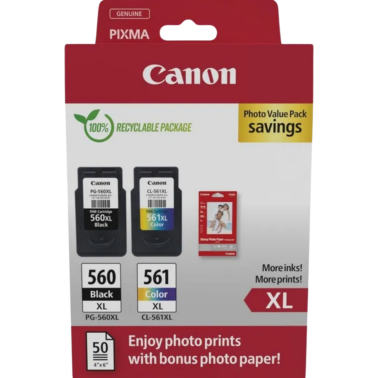 Cartouches d'encre Canon XL dans un emballage rouge et noir. Papier photo inclus.