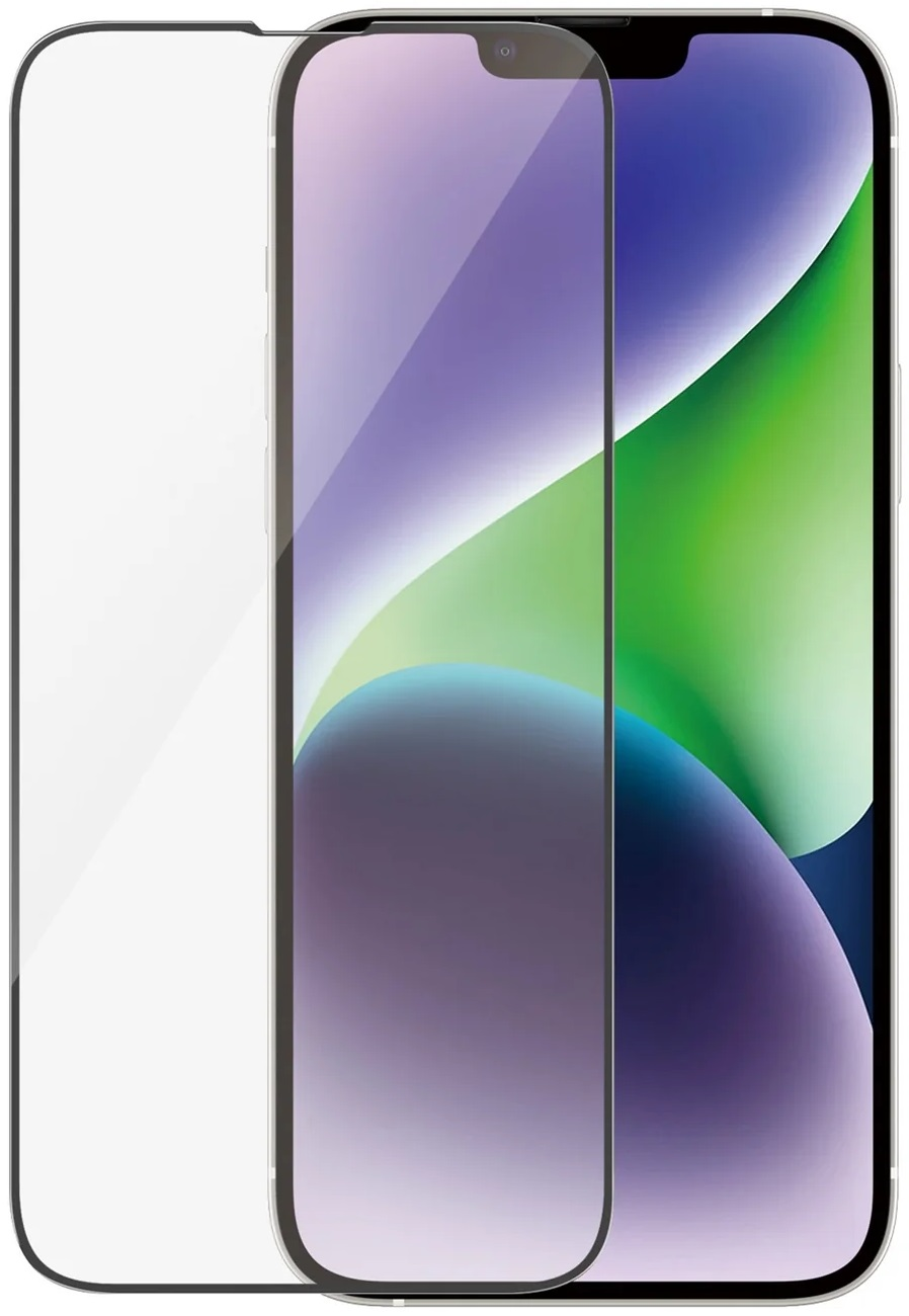 Smartfon z nałożoną ochroną ekranu. Widok z bliska. Telefon jest fioletowy i biały.