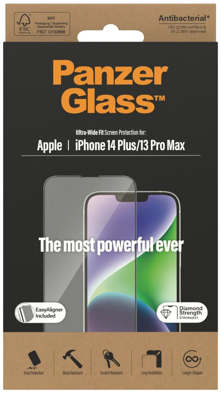 Opakowanie ochraniacza ekranu telefonu. Posiada obrys telefonu, markę i szczegóły produktu.