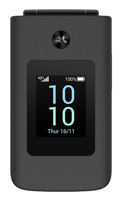 Zamknięty czarny telefon z klapką pokazujący godzinę i stan baterii.