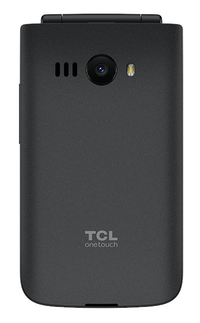 Zamknięty czarny telefon z klapką z aparatem i logo TCL One Touch.