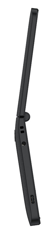 Czarny telefon z klapką lekko otwarty, pokazujący bok z portami, na białym tle.