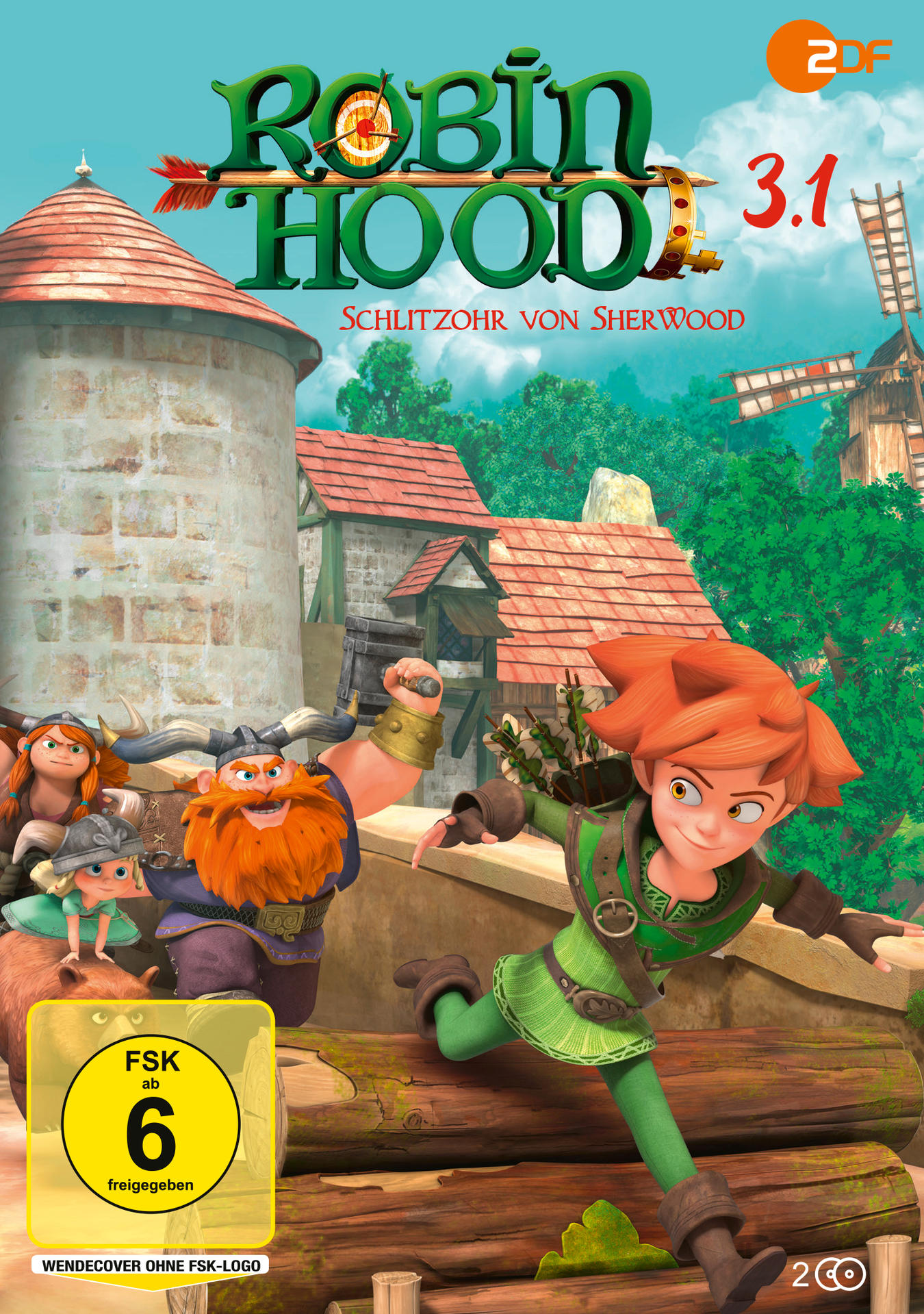 Cartoon-Filmcover. Ein Junge in Grün rennt. Text: Robin Hood.
