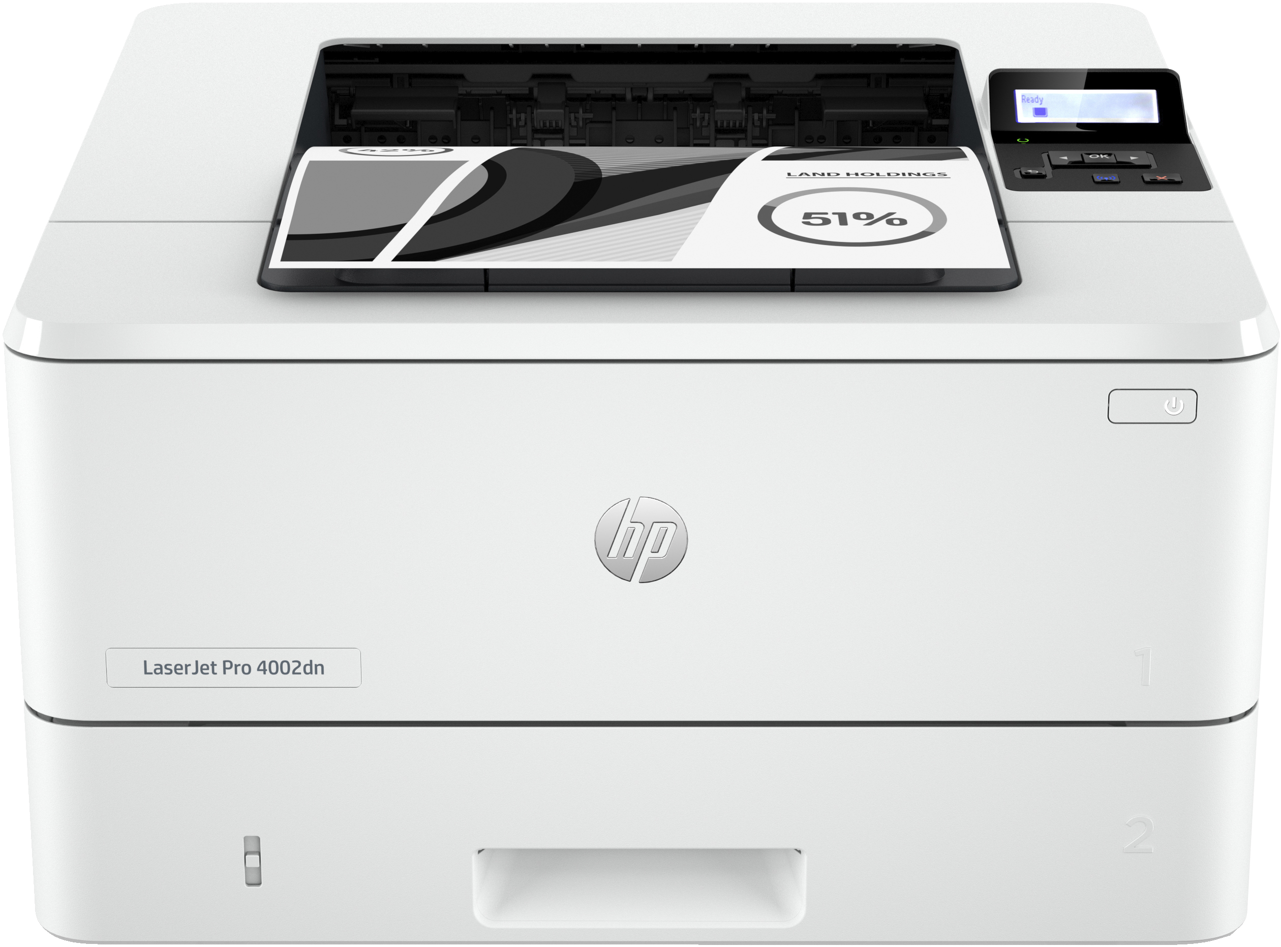 Une imprimante laser blanche HP LaserJet Pro 4002dn avec un document imprimé sur fond blanc.