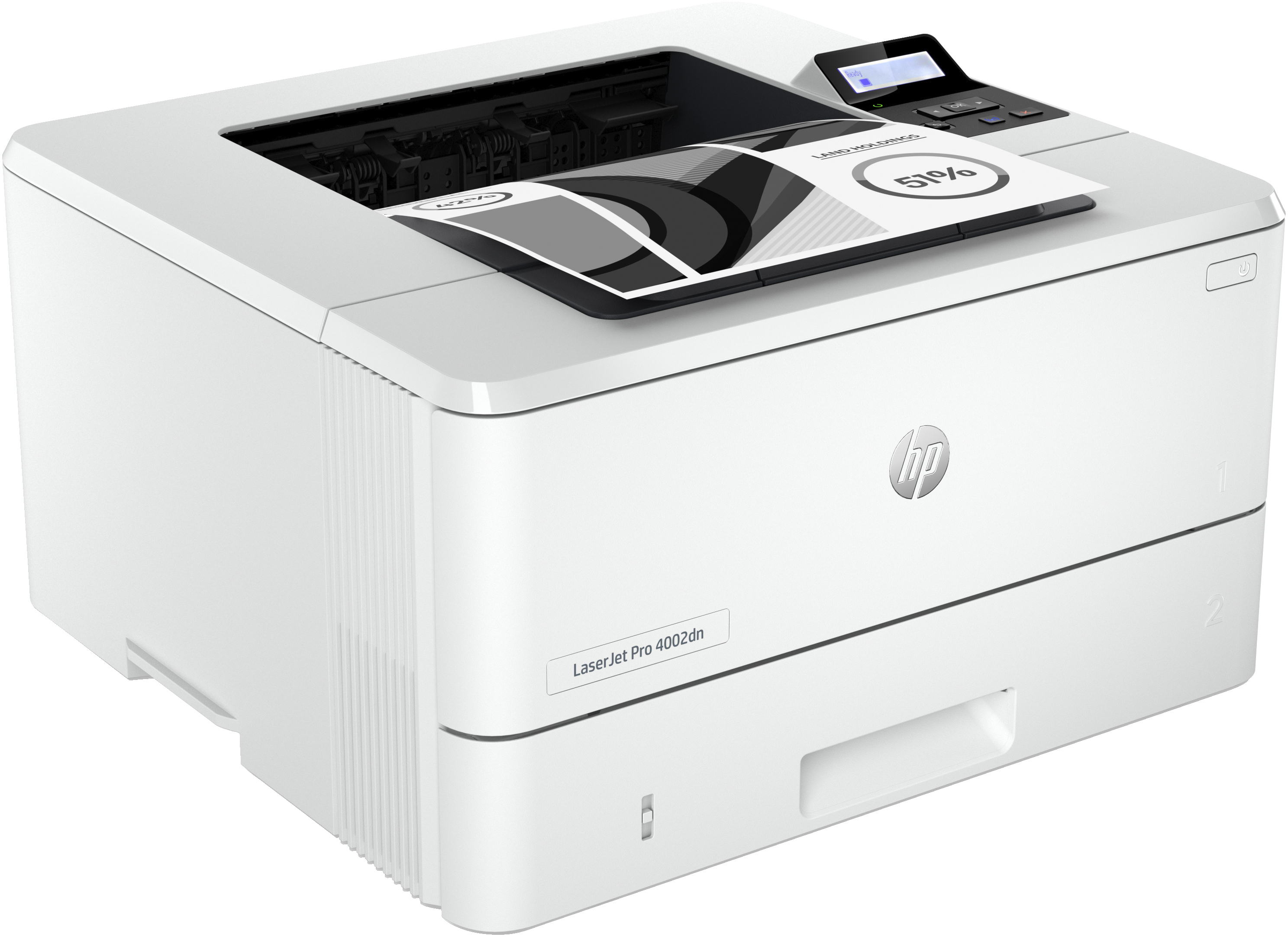 Une imprimante laser blanche HP LaserJet Pro 4002dn repose sur une surface blanche avec du papier imprimé.