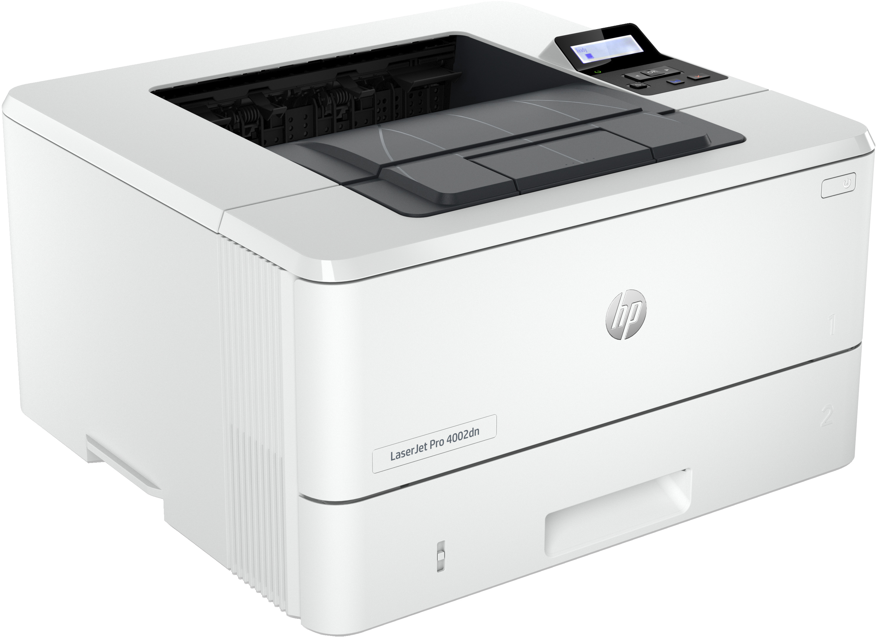 Une imprimante laser blanche HP LaserJet Pro 4002dn sur une surface blanche.