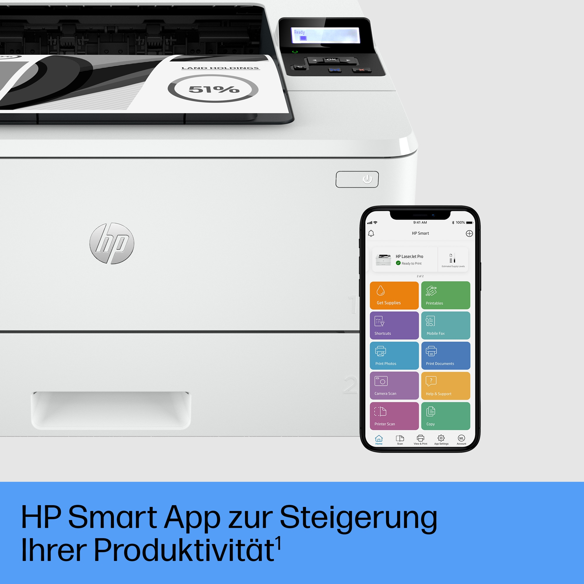 Imprimante HP LaserJet avec l'application HP Smart sur un smartphone et un document imprimé.