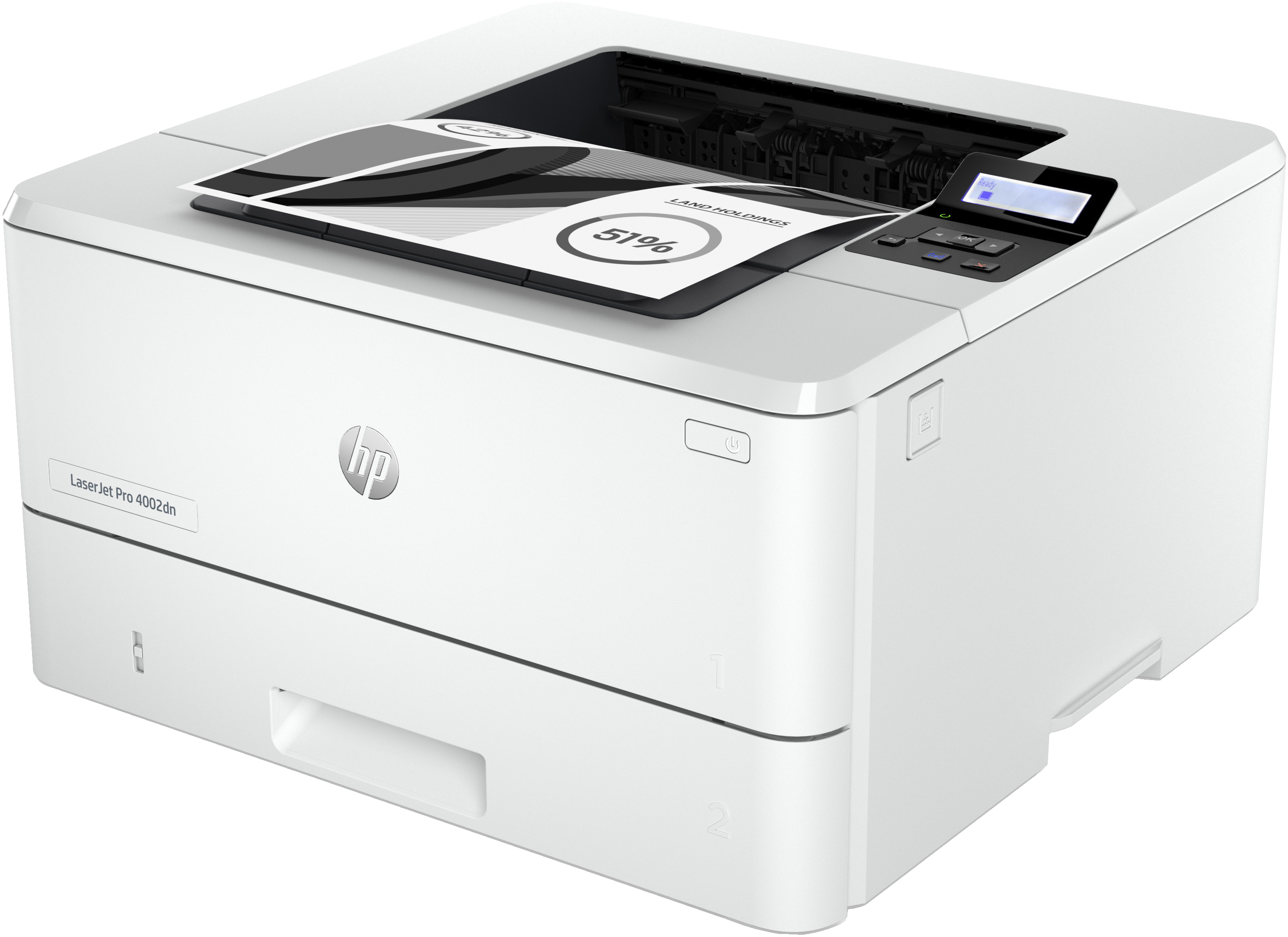 Une imprimante blanche HP LaserJet Pro 4002dn repose sur une surface plane avec des documents imprimés dessus.